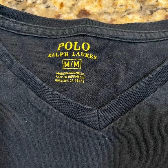 Polo Ralph Lauren Men’s Medium T Shirt Navy Blue Short Sleeve V Neck Logo - Picture 4 of 7
